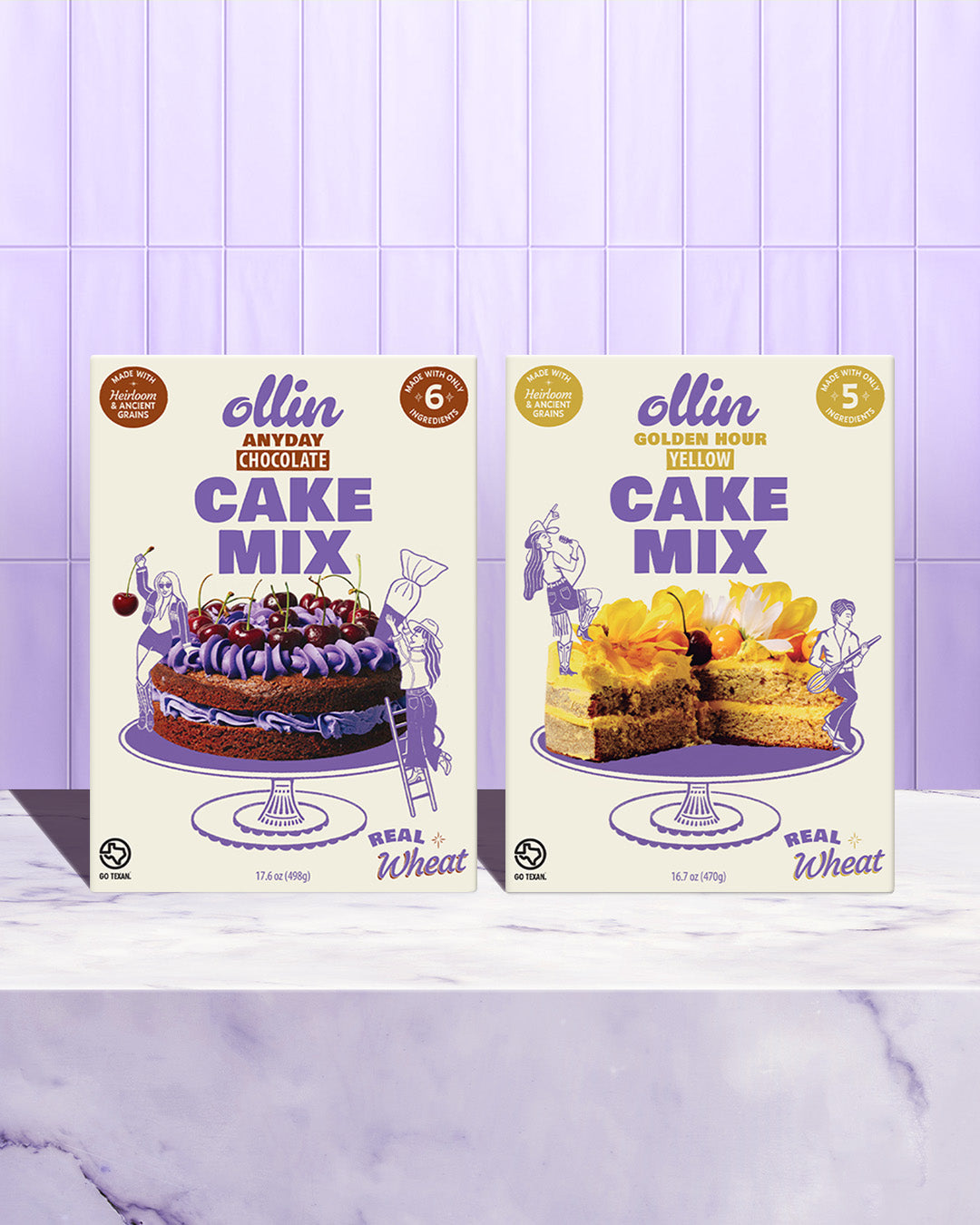 Ollin ancient grain chocolate and yellow cake mixes made with stone-milled heritage wheat